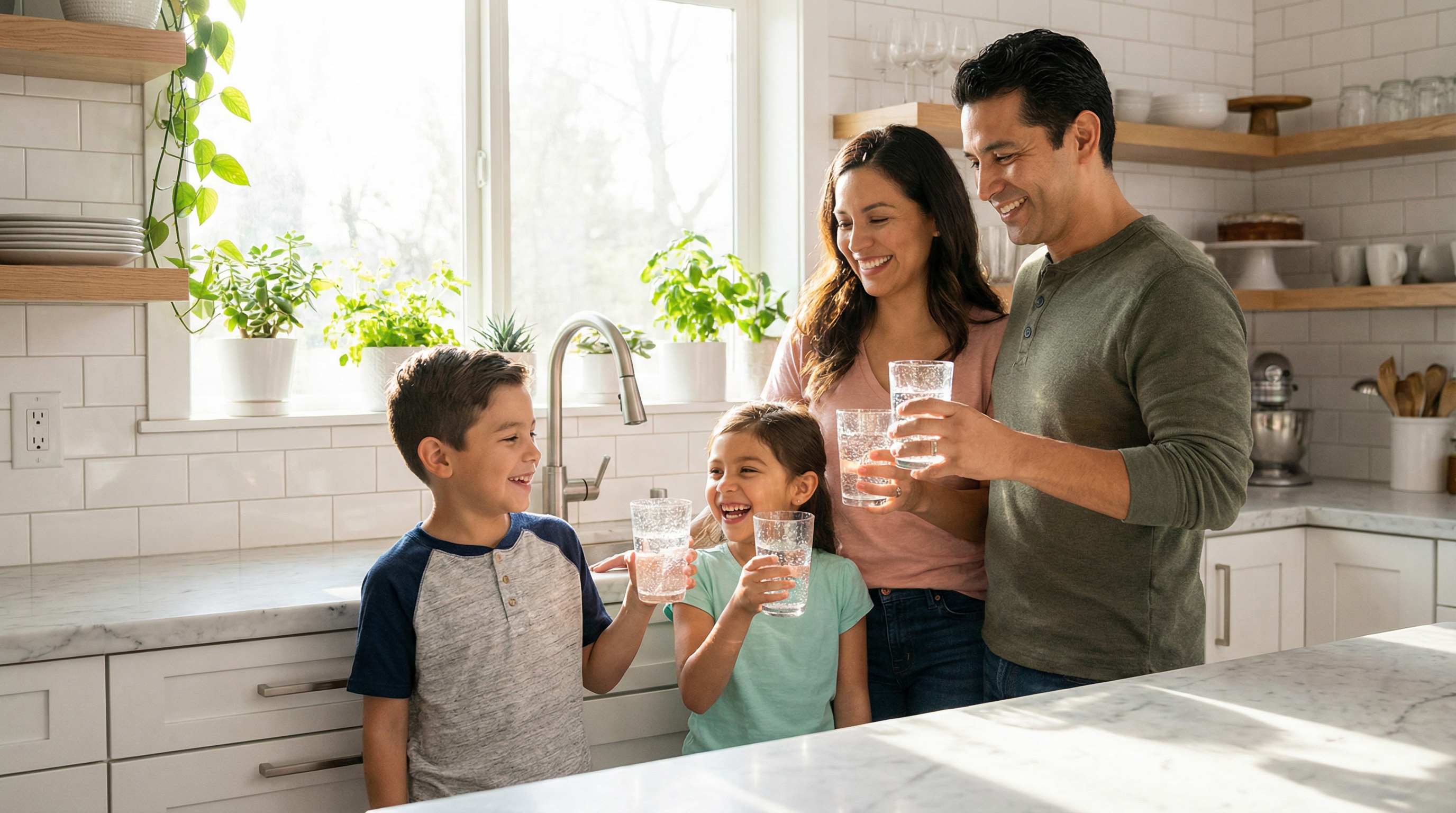 Familia disfrutando agua pura en su cocina