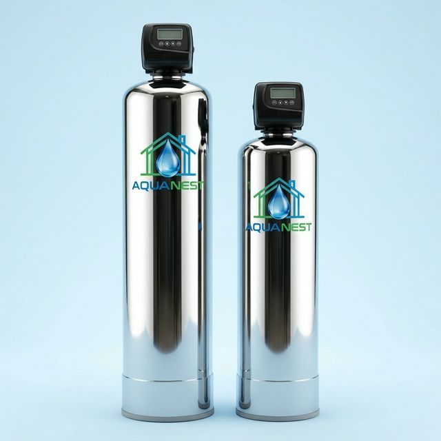 Sistema AquaNest Pro de tanques plateados para purificación de agua de pozo
